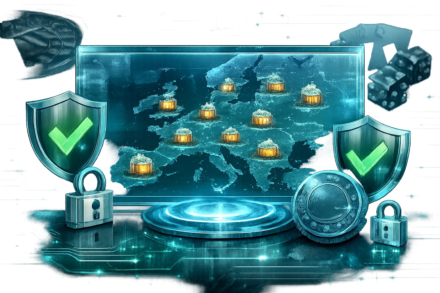 A digital map of Europe with glowing casino icons and security symbols like shields and padlocks, surrounded by casino elements and futuristic technology visuals.