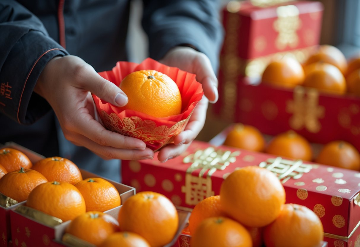 Hands holding a fresh orange wrapped in red decorative paper with stacks of oranges in red boxes in the background.