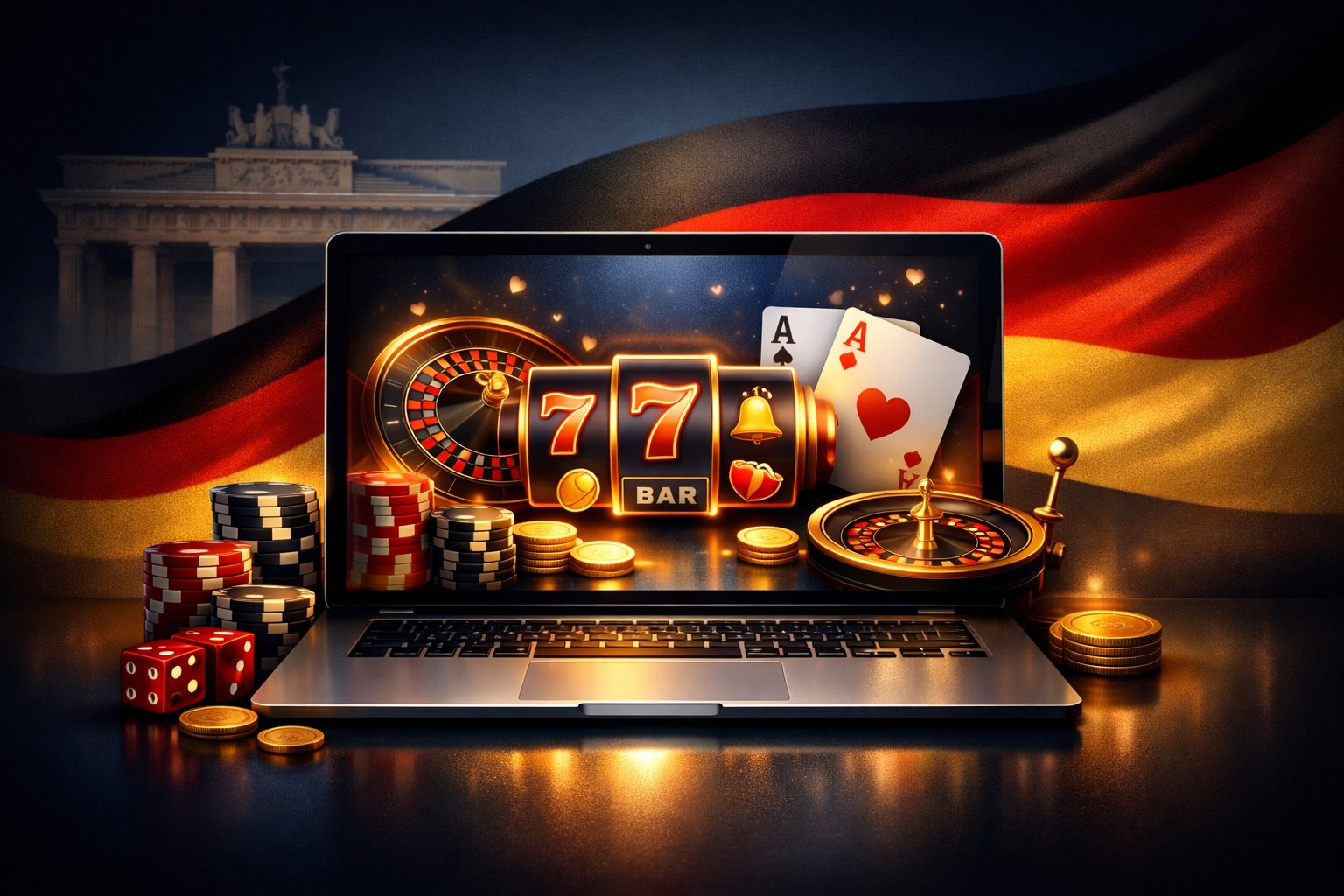 A laptop displaying a vibrant online casino interface with poker chips, playing cards, and roulette symbols, set against a background featuring subtle German cultural elements.