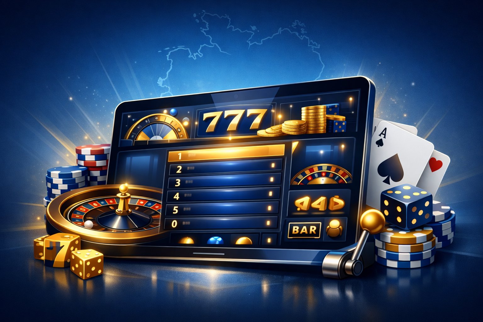 A digital illustration of a computer or mobile device showing casino gaming elements like poker chips, cards, and roulette with a faint map outline of Germany in the background.