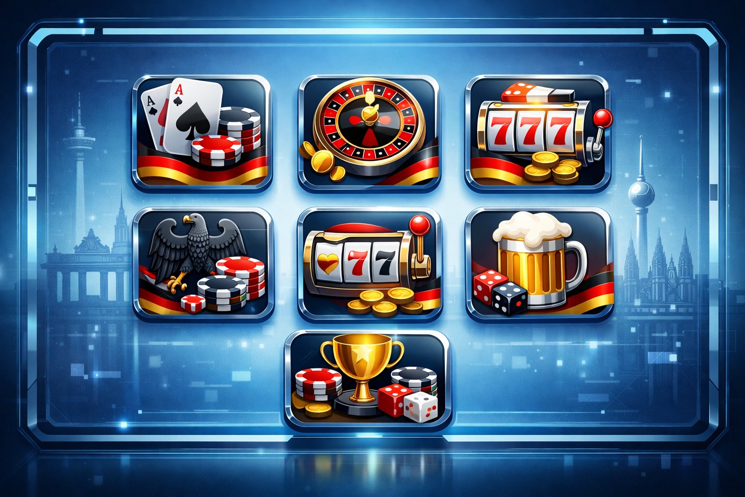 A digital dashboard displaying seven casino icons with gambling elements and German cultural motifs arranged in a clean, organized layout.