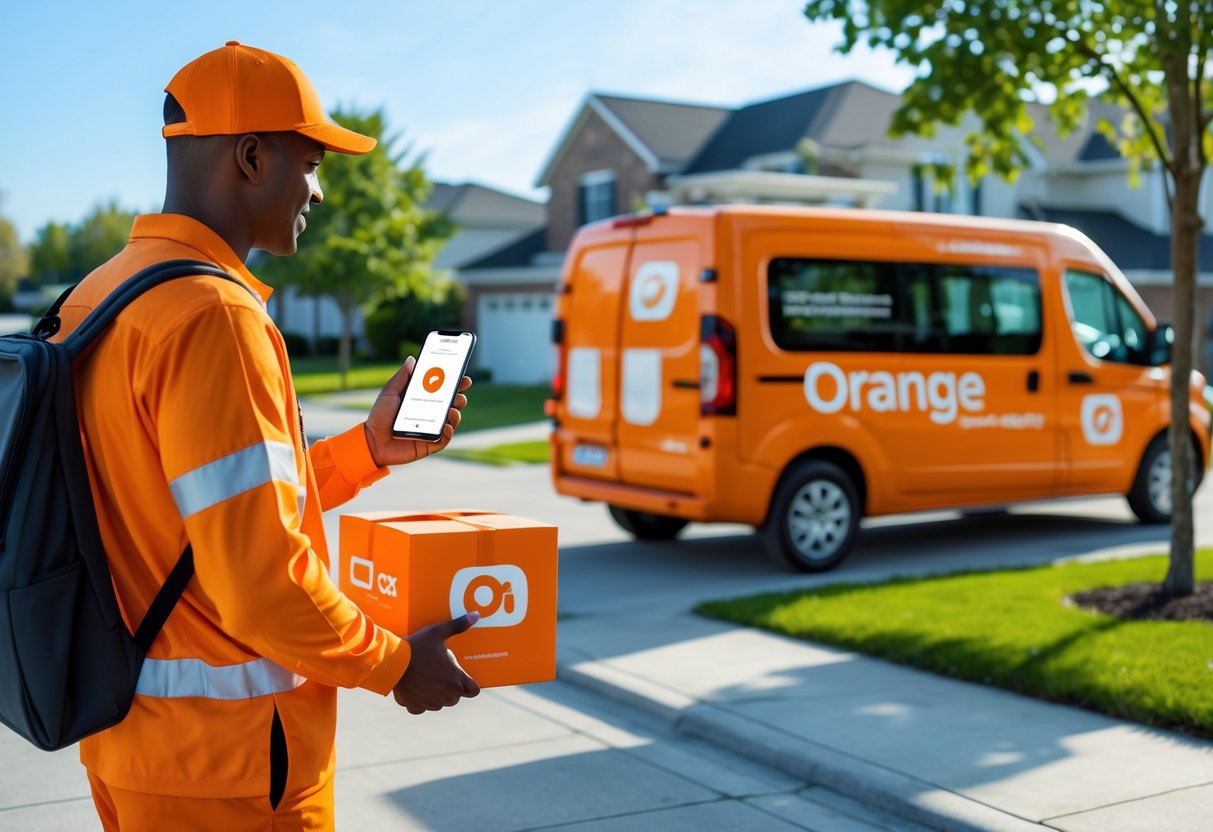 A delivery person in an orange uniform hands a package to a smiling customer outside a house with an orange delivery van nearby.