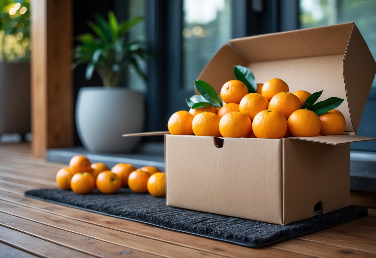 A box of fresh oranges delivered and placed on a doorstep with a front door and potted plant in the background.