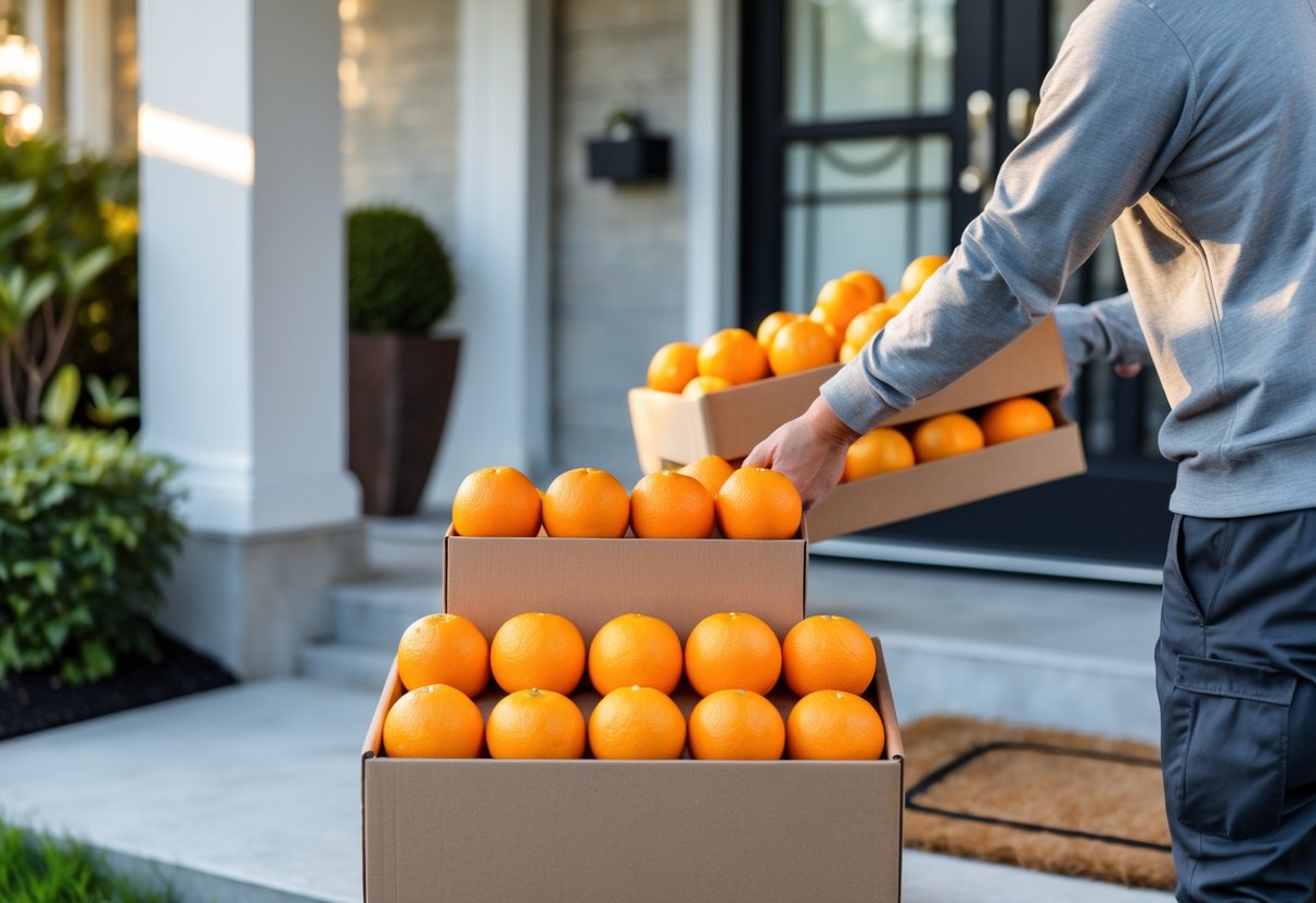 A box of fresh oranges at a doorstep with a delivery person handing it over in front of a home entrance.