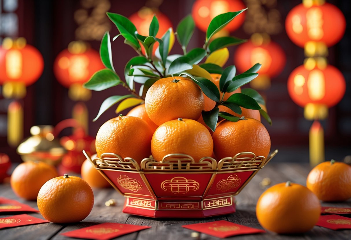 A basket of fresh oranges with green leaves surrounded by festive red and gold decorations symbolizing Chinese New Year.