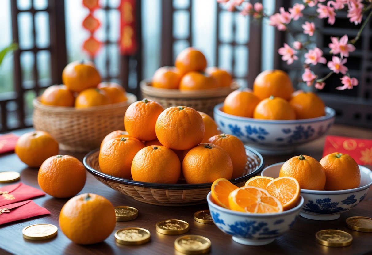 A table with baskets and bowls of fresh Chinese New Year oranges surrounded by festive decorations.