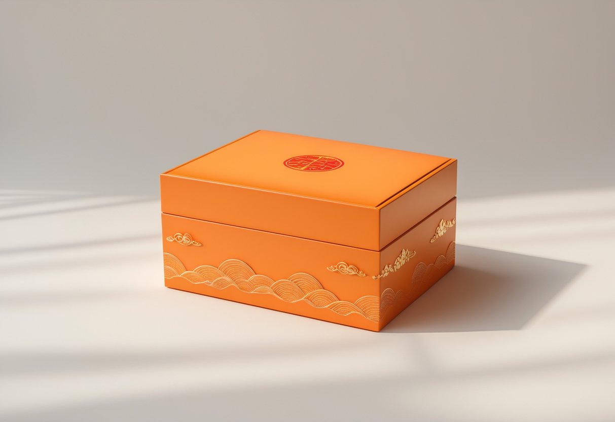 An orange decorative box associated with Chinese New Year on a plain background.