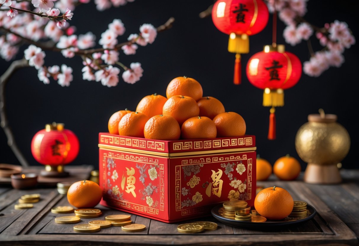 A red and gold box filled with fresh oranges on a wooden table surrounded by Chinese New Year decorations including lanterns, gold coins, and cherry blossoms.