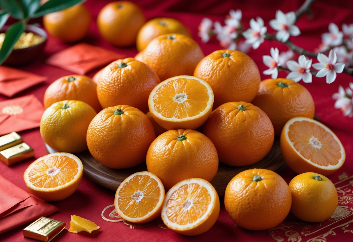 A close-up of fresh mandarin oranges arranged with Chinese New Year decorations including red envelopes and gold ingots on a red cloth.