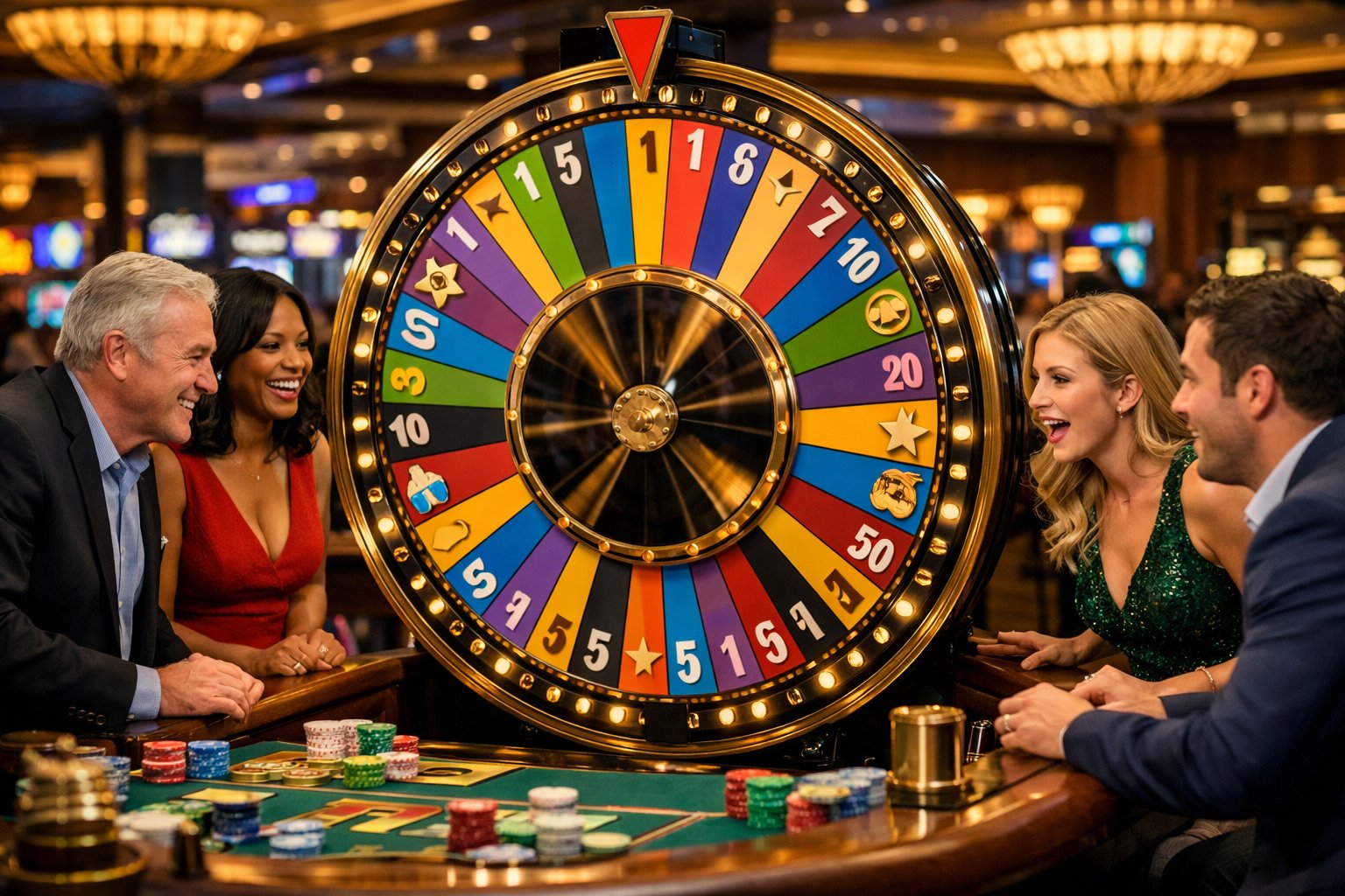 A group of people gathered around a colorful spinning Money Wheel in a casino, watching the wheel as it spins.