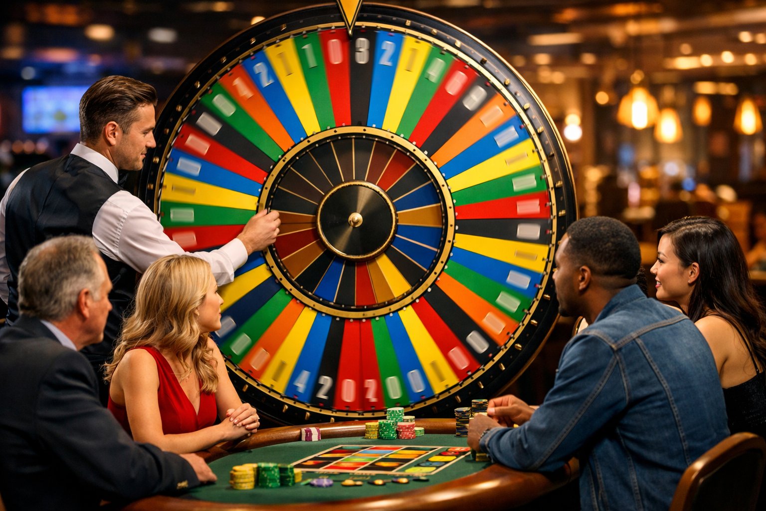 A dealer spinning a colorful Money Wheel in a casino while players watch around the table.