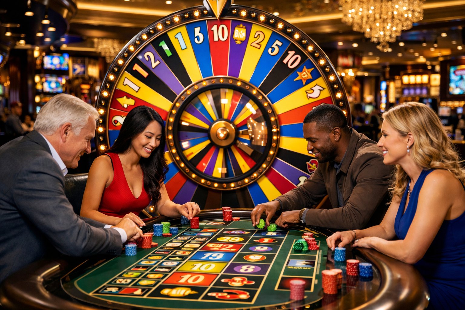 A group of people placing bets around a brightly lit spinning Money Wheel game in a casino.