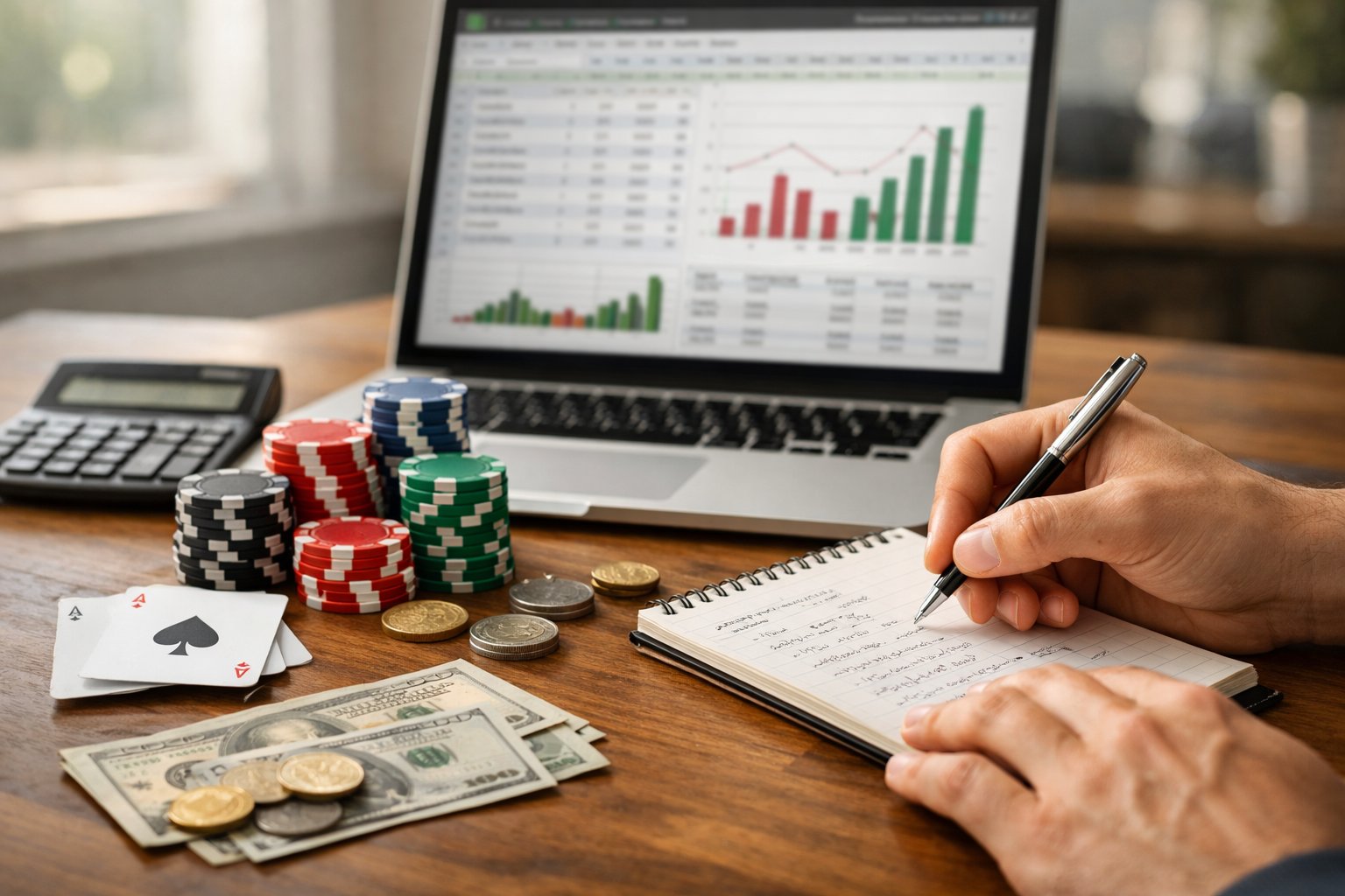 A person’s hands working at a desk with poker chips, playing cards, money, a calculator, and a laptop showing financial charts.
