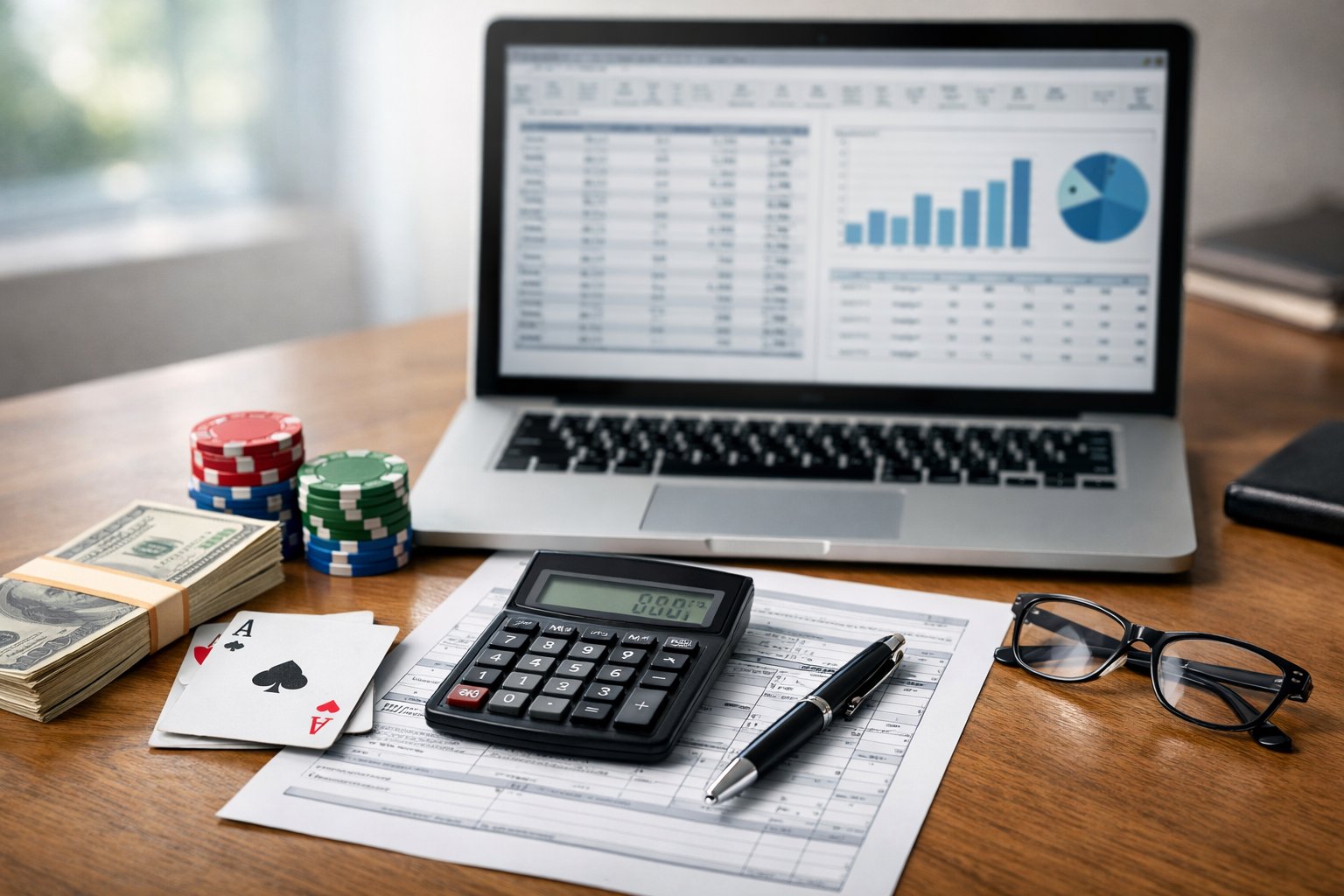 A desk with a laptop showing financial documents, a calculator, poker chips, playing cards, and cash arranged neatly for tax preparation.