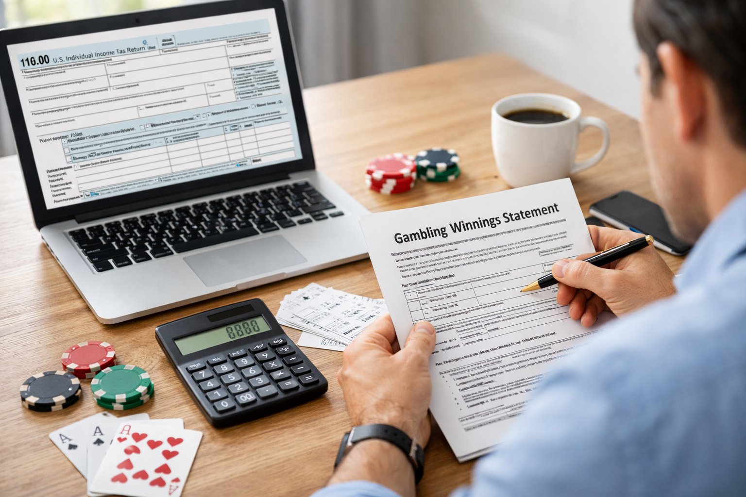 Person reviewing financial documents and using a calculator at a desk with poker chips and playing cards nearby.