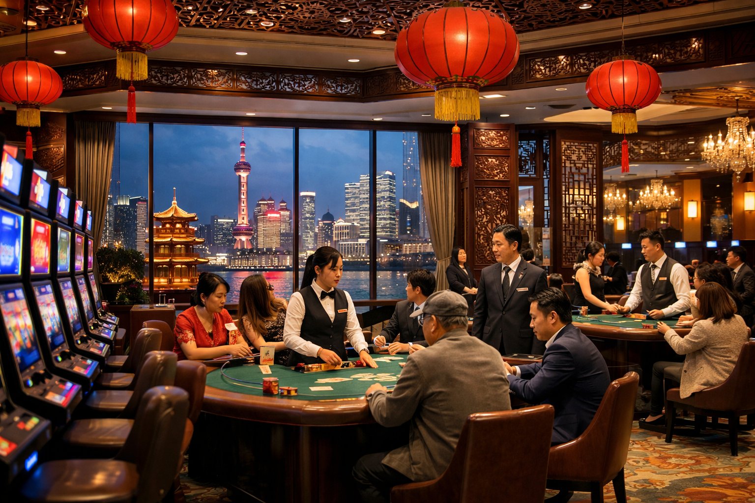 Interior of a modern casino in China with players at gaming tables and slot machines, decorated with traditional Chinese elements.