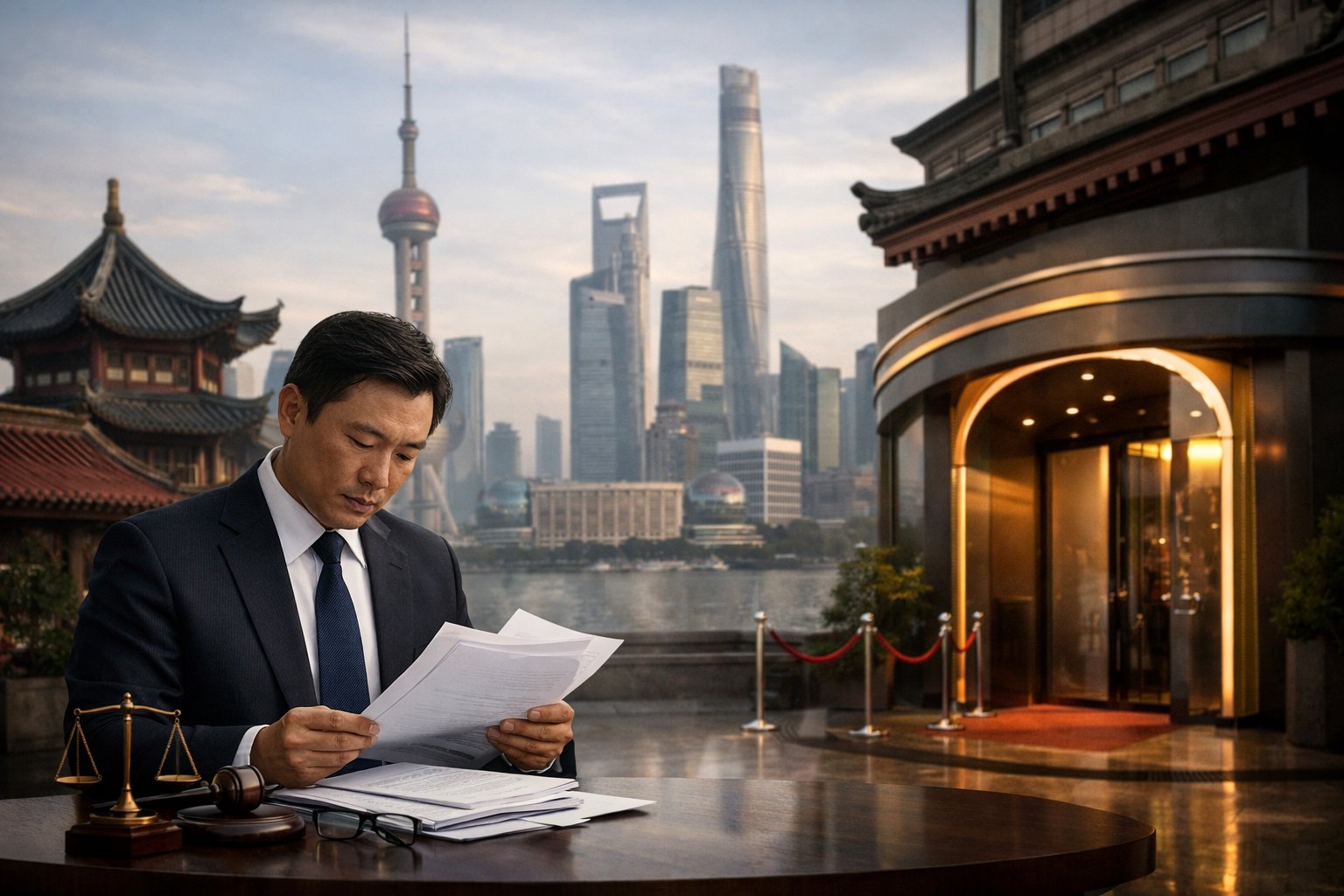 A business professional reviewing documents near a modern cityscape with a casino entrance in the background, representing gambling laws in Mainland China.