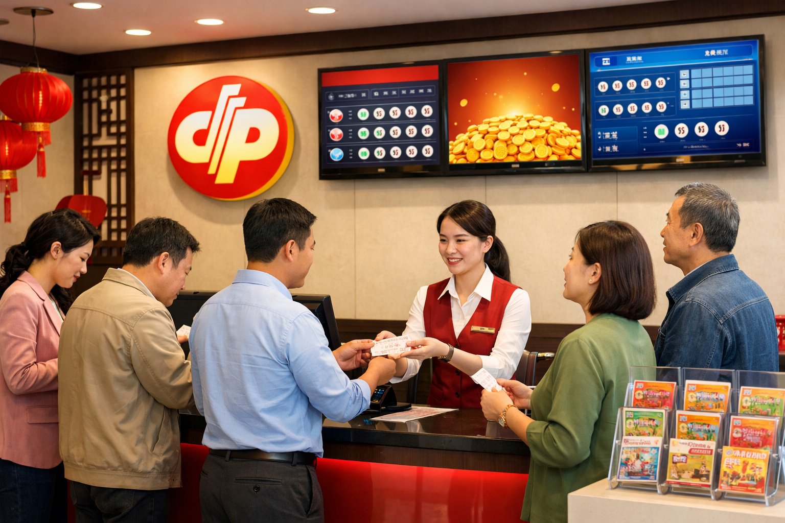 People buying lottery tickets at a modern lottery retail counter in China with cultural decorations in the background.