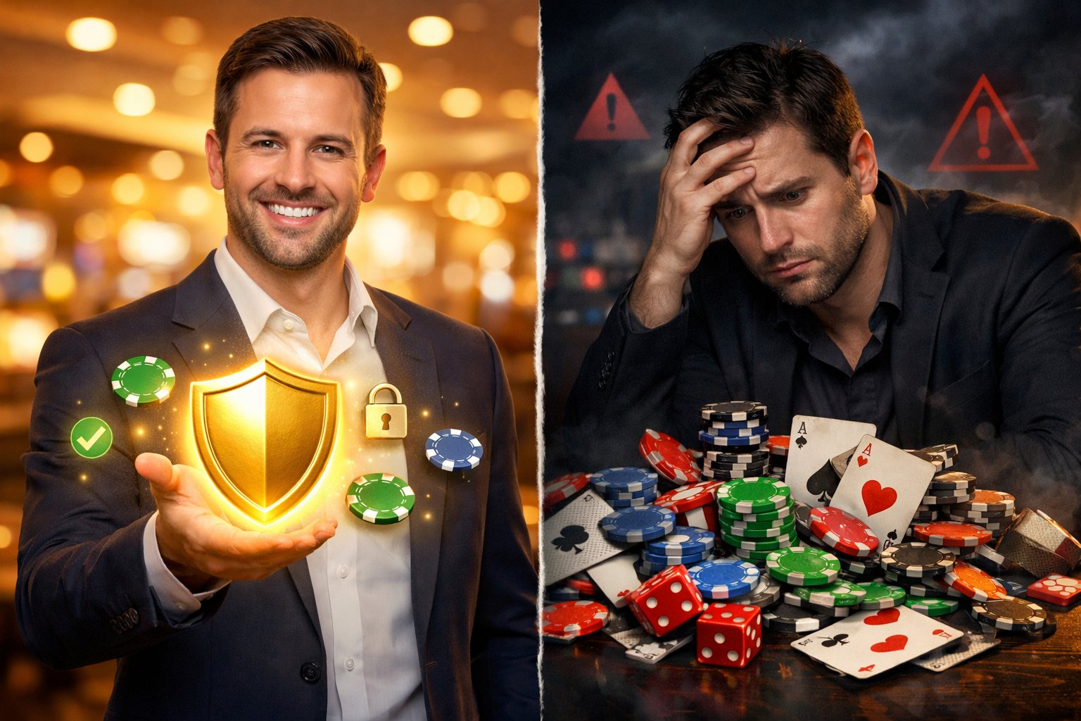 A split scene showing a confident person holding a golden shield on one side and a worried person looking at scattered casino chips and cards on the other side.