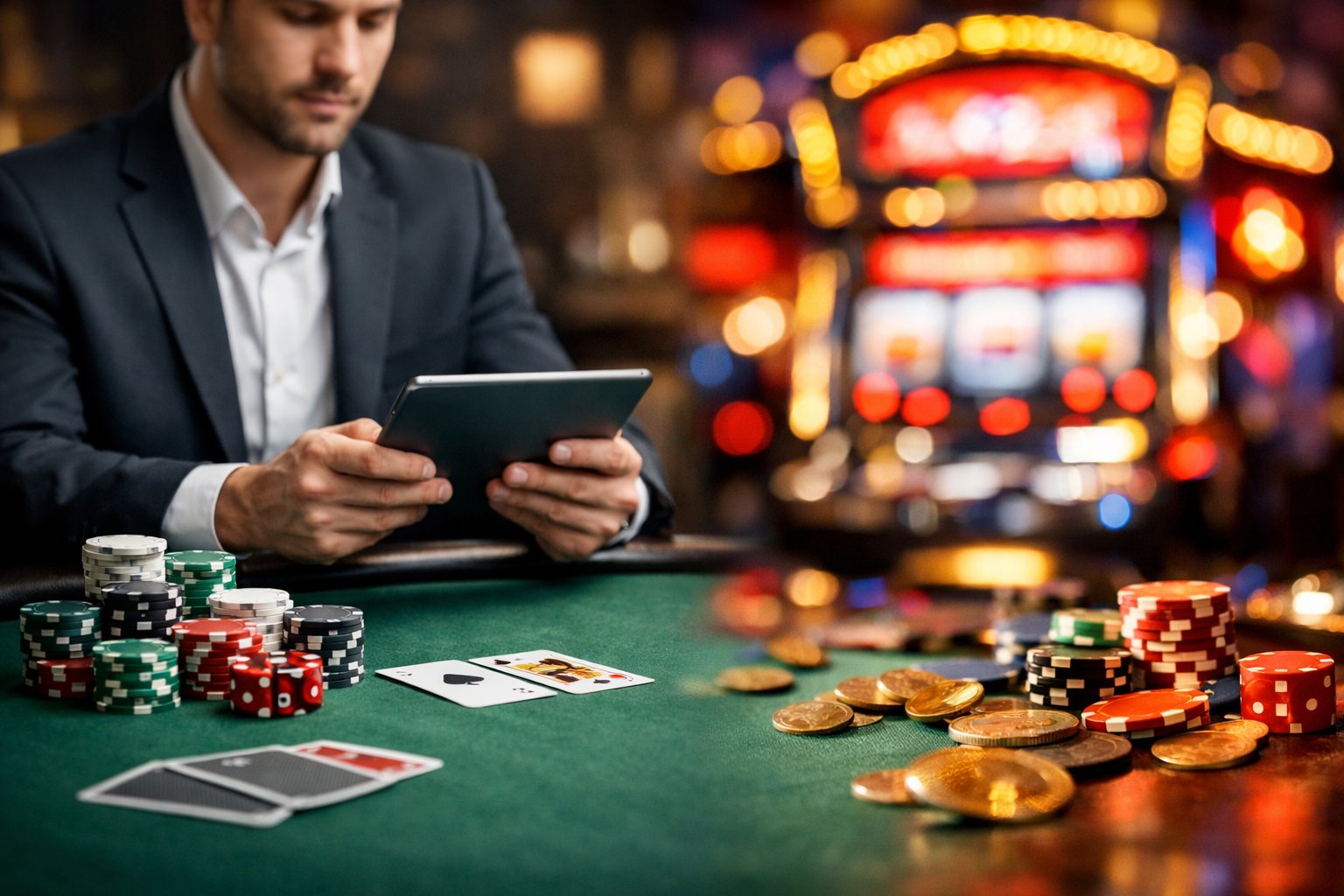 A casino table with poker chips and cards, a person reviewing information on a tablet, and a brightly lit slot machine in the background.