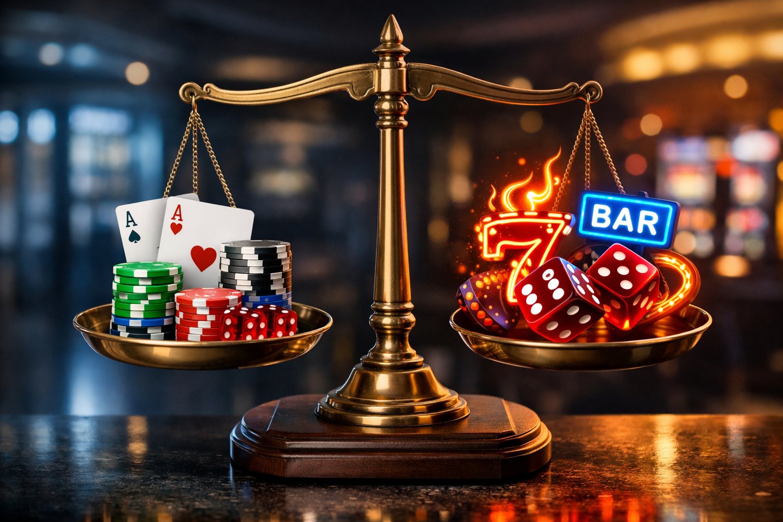 A balanced scale with casino chips and playing cards on one side and dice and neon signs on the other, set in a modern casino environment.