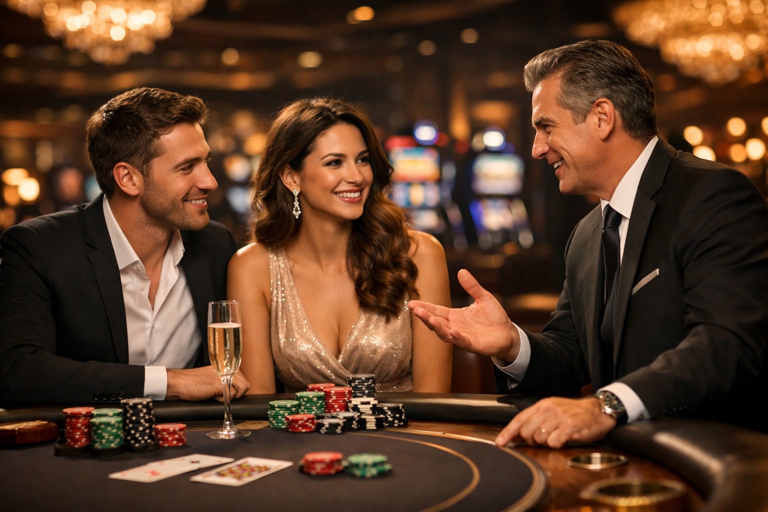 A man and woman sitting at a casino table talking with a casino host, surrounded by poker chips and playing cards.