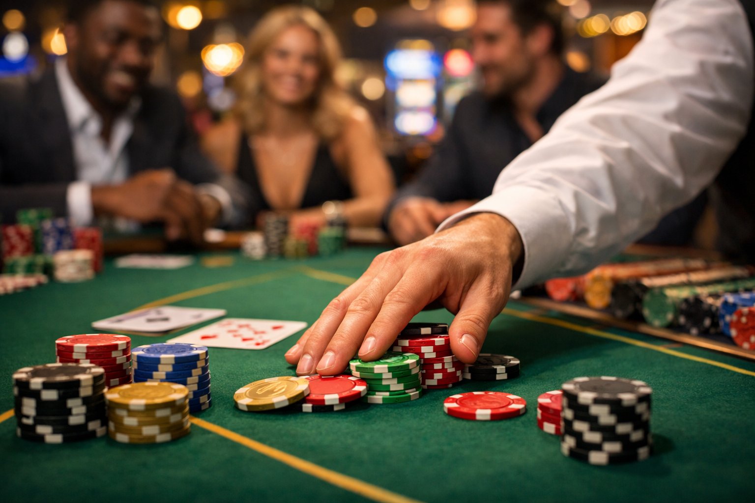 A dealer's hand placing casino chips on a poker table with players around it in a casino setting.