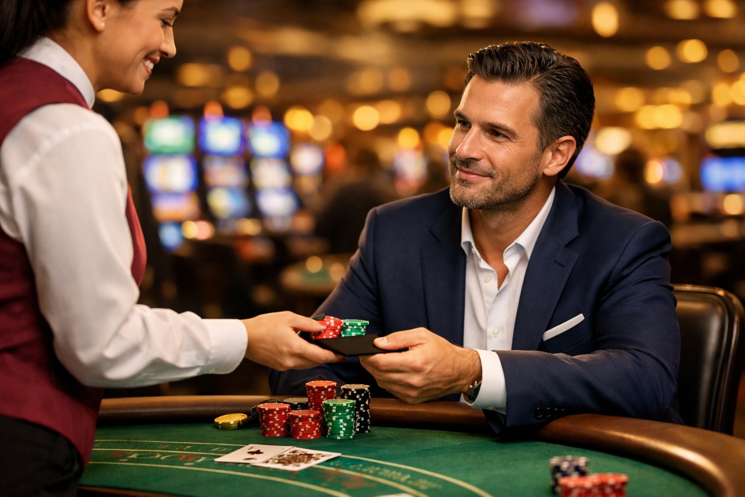 A casino player receiving complimentary chips from a casino employee at a blackjack table with slot machines in the background.