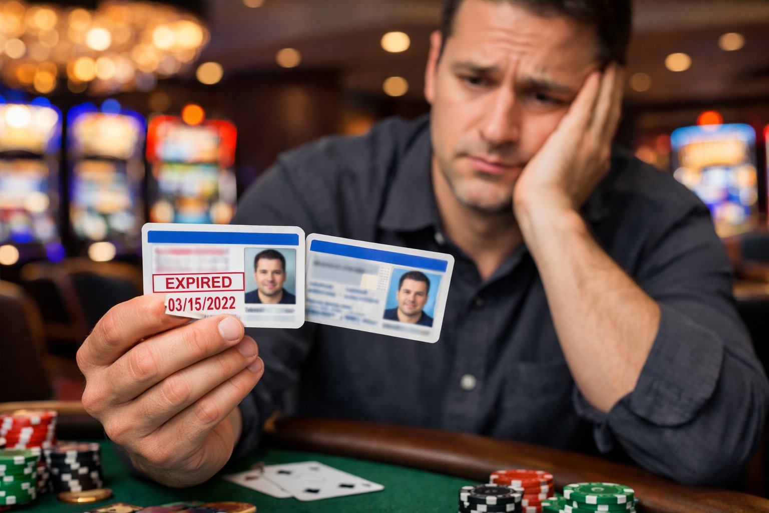 A person at a casino gambling table holding an expired ID card and a driving license, looking uncertain.