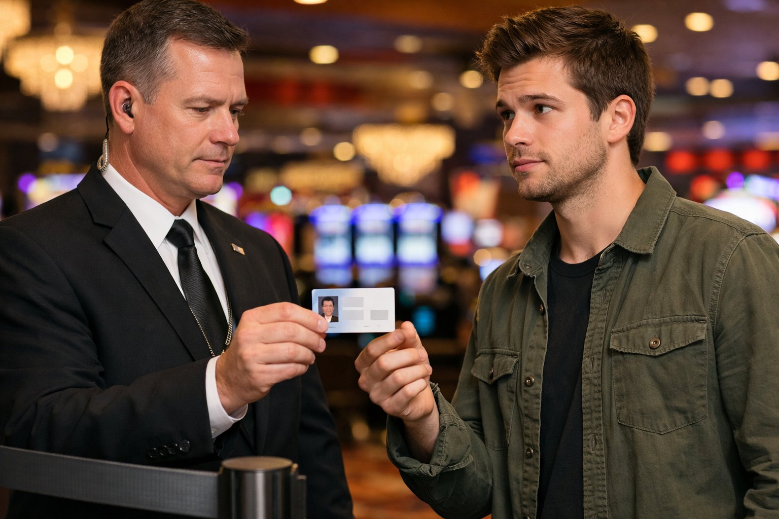 A security guard checking a visitor's ID card at a casino entrance with slot machines and gaming tables in the background.
