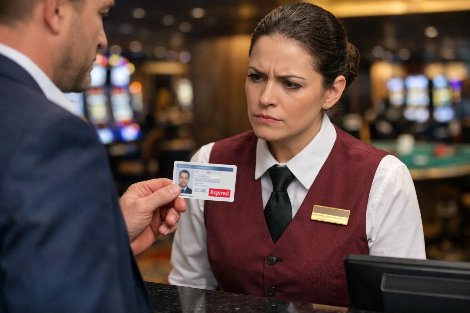 A person showing an expired ID to a casino staff member at the entrance, with casino gaming machines visible in the background.