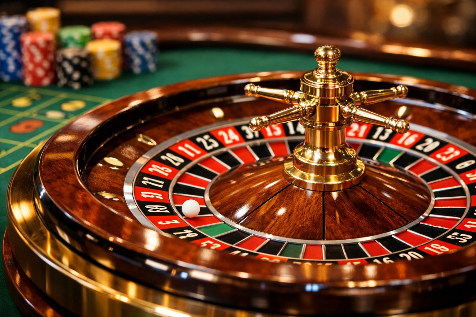 A roulette wheel with a white ball on a number and colorful chips on a green betting table.