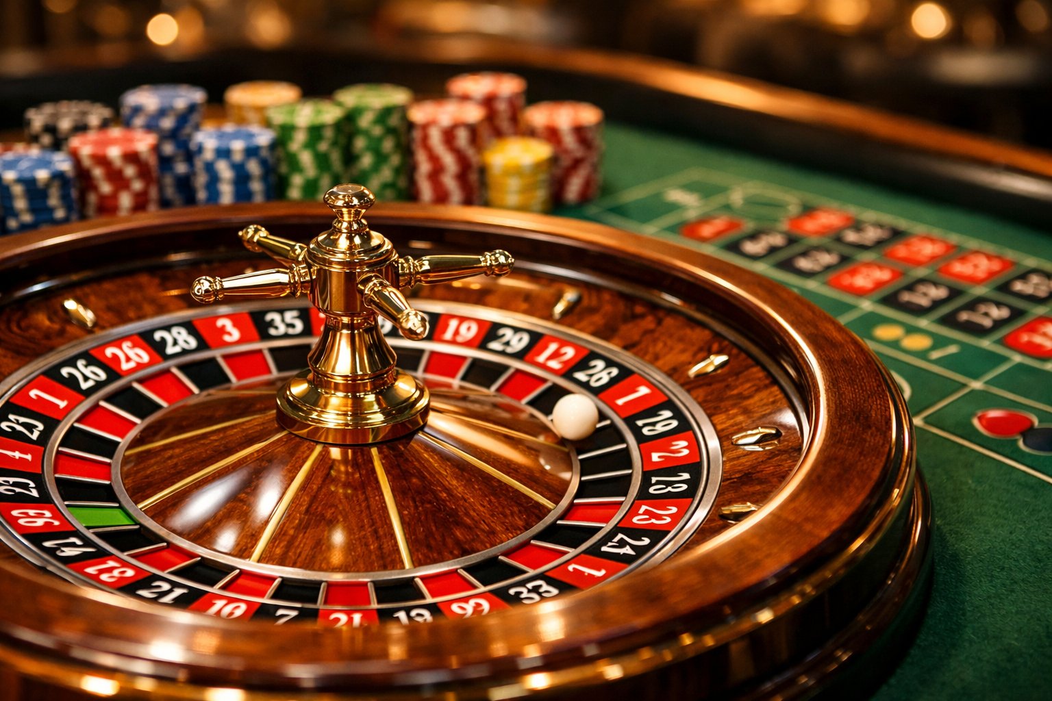 Close-up of a roulette wheel with a spinning ball and colorful betting chips on a green casino table.