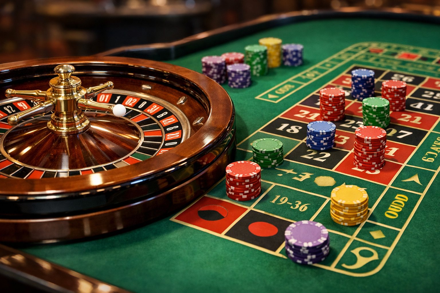 Close-up of a roulette wheel with a white ball spinning and colorful chips placed on a green betting table.