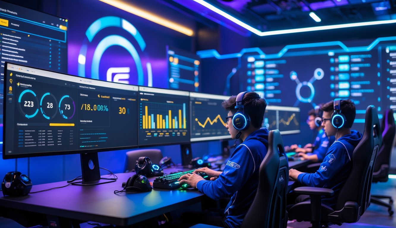 Beberapa pemain e-sports profesional sedang bermain di studio dengan monitor besar menampilkan dashboard real-time dan grafik statistik.
