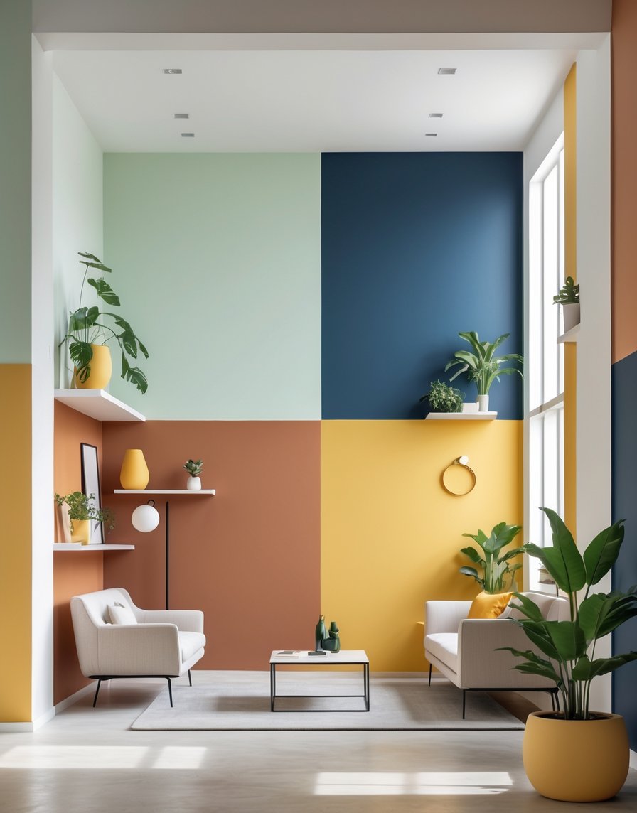 A modern room with walls painted in various trendy colors including pastel green, terracotta, navy blue, and mustard yellow, featuring contemporary furniture and natural light.