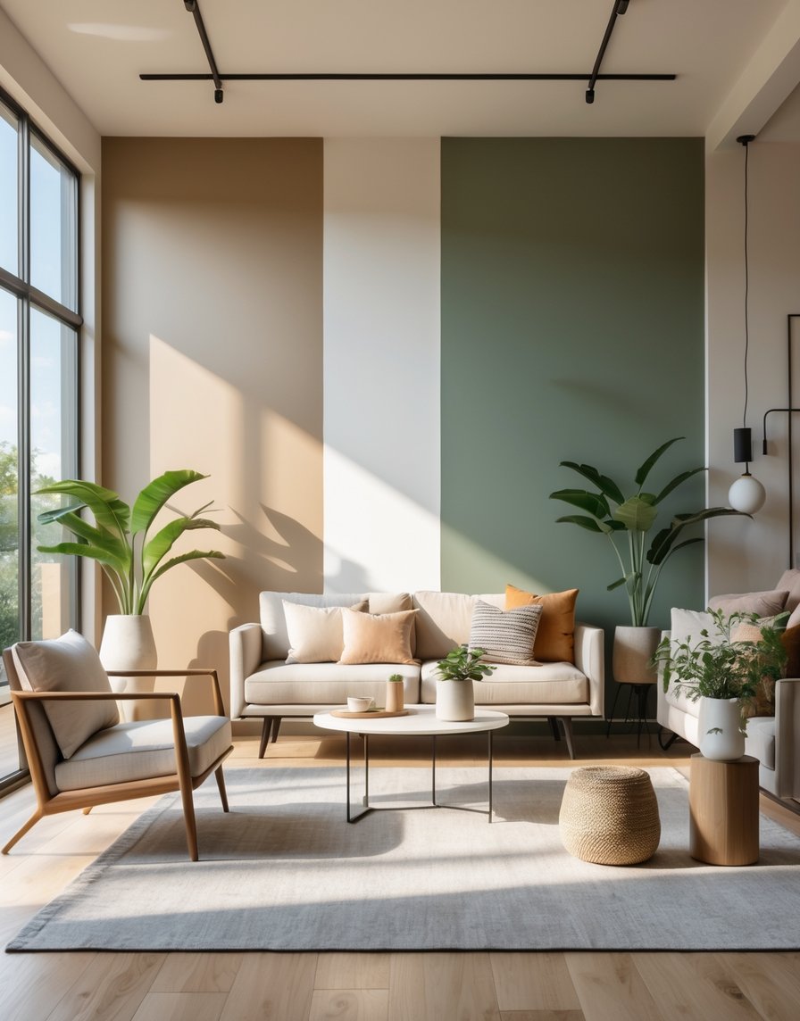 A modern living room with walls painted in soft earth tones and muted greens, featuring sleek furniture and natural light coming through large windows.