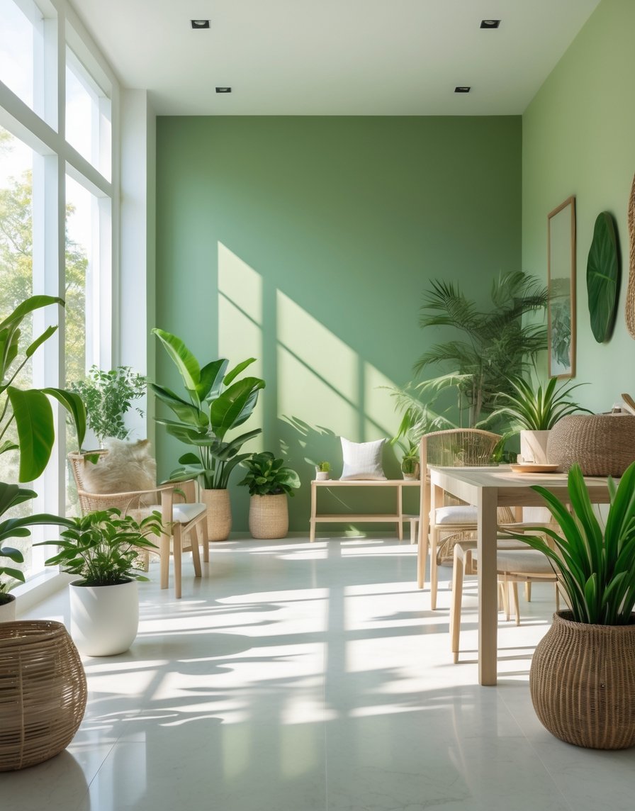 A bright room with green-painted walls, natural light, wooden furniture, and several potted plants.
