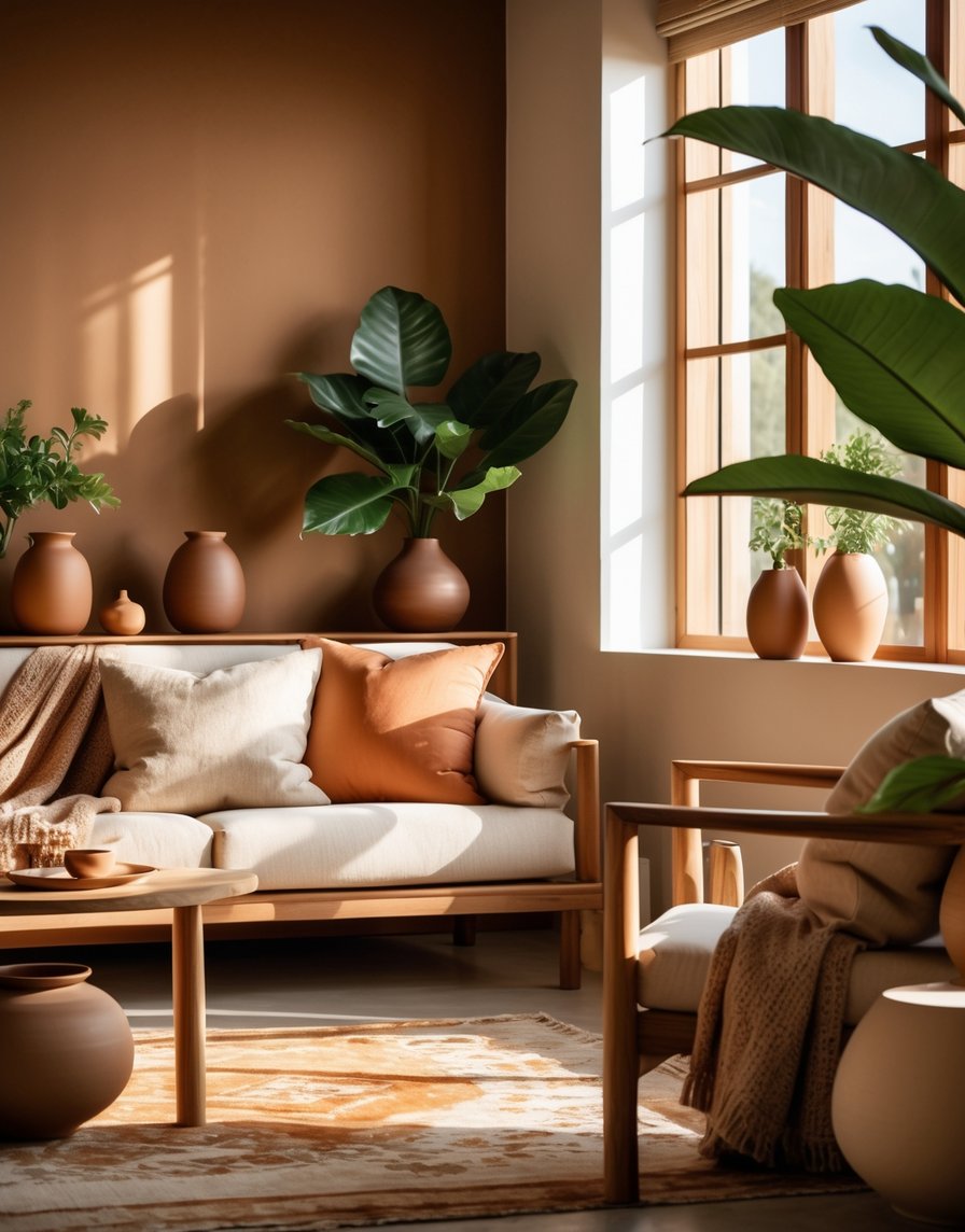 A cozy living room with wooden furniture, warm brown cushions, potted plants, and sunlight streaming through large windows.