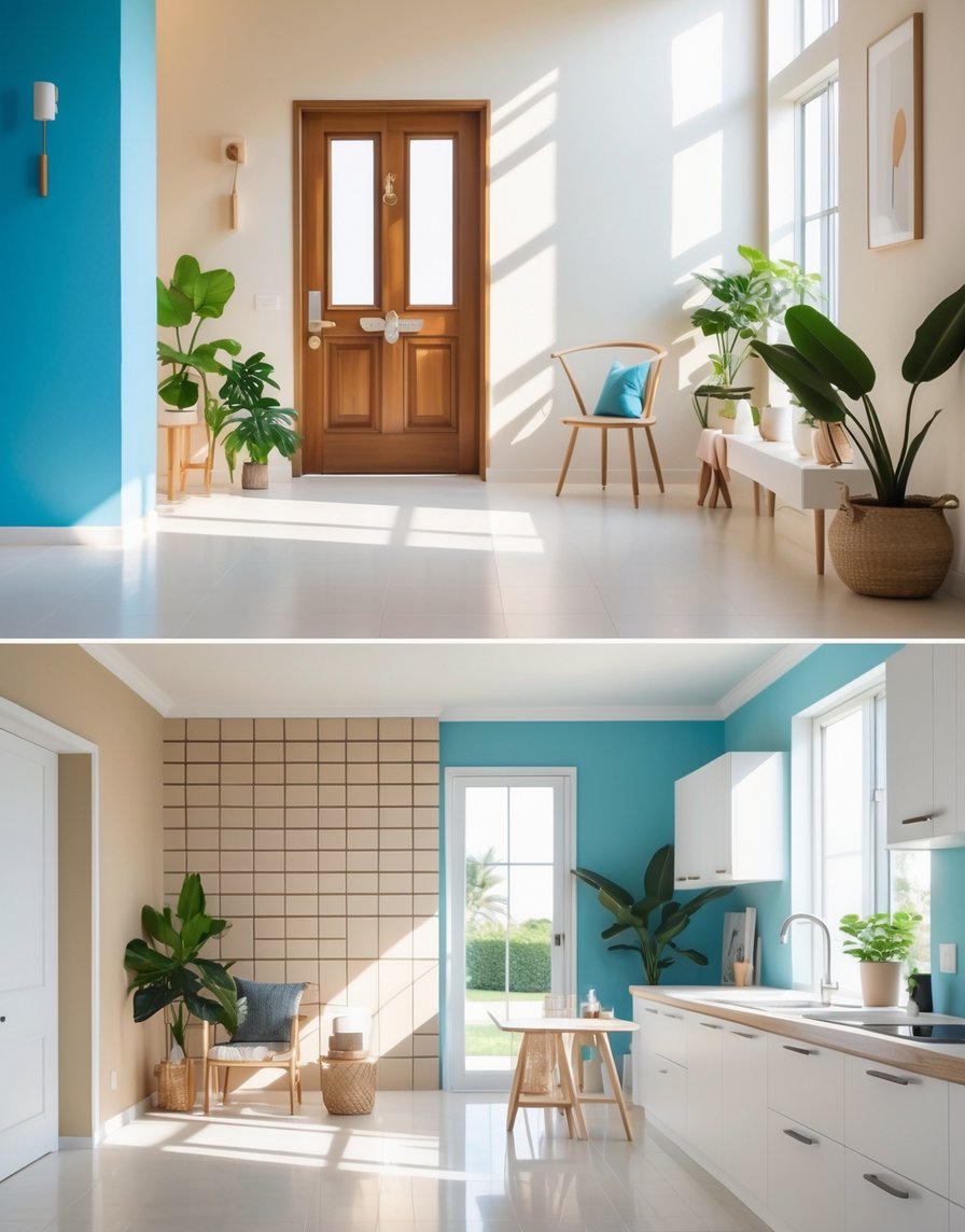 A bright room with freshly painted walls, a painted door, and kitchen cabinets, showing various small home renovation projects using paint.