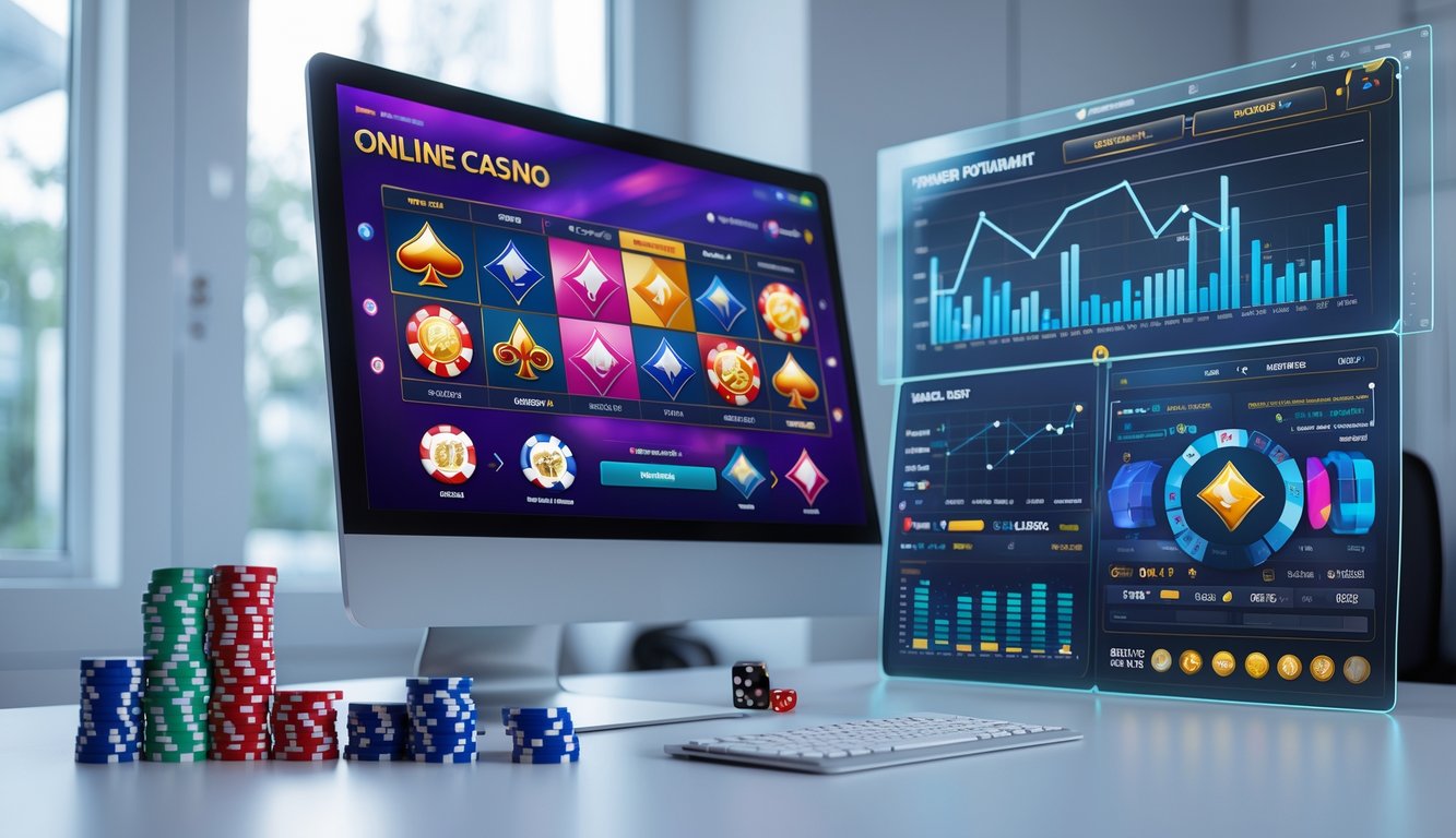 Suasana ruang kerja dengan komputer menampilkan antarmuka kasino online dan grafik statistik permainan lengkap di layar.