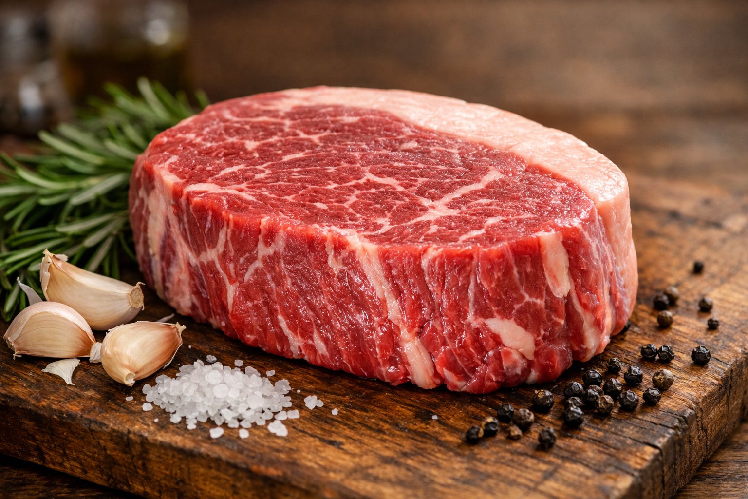 Corte de alcatra fresco e suculento sobre uma tábua de madeira com ervas e temperos ao redor.