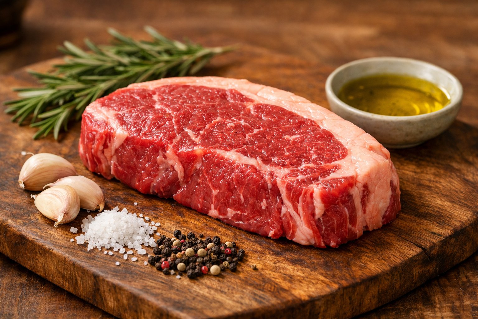 Um pedaço de contra-filé cru em uma tábua de madeira, rodeado por alecrim, alho, sal grosso e pimenta.