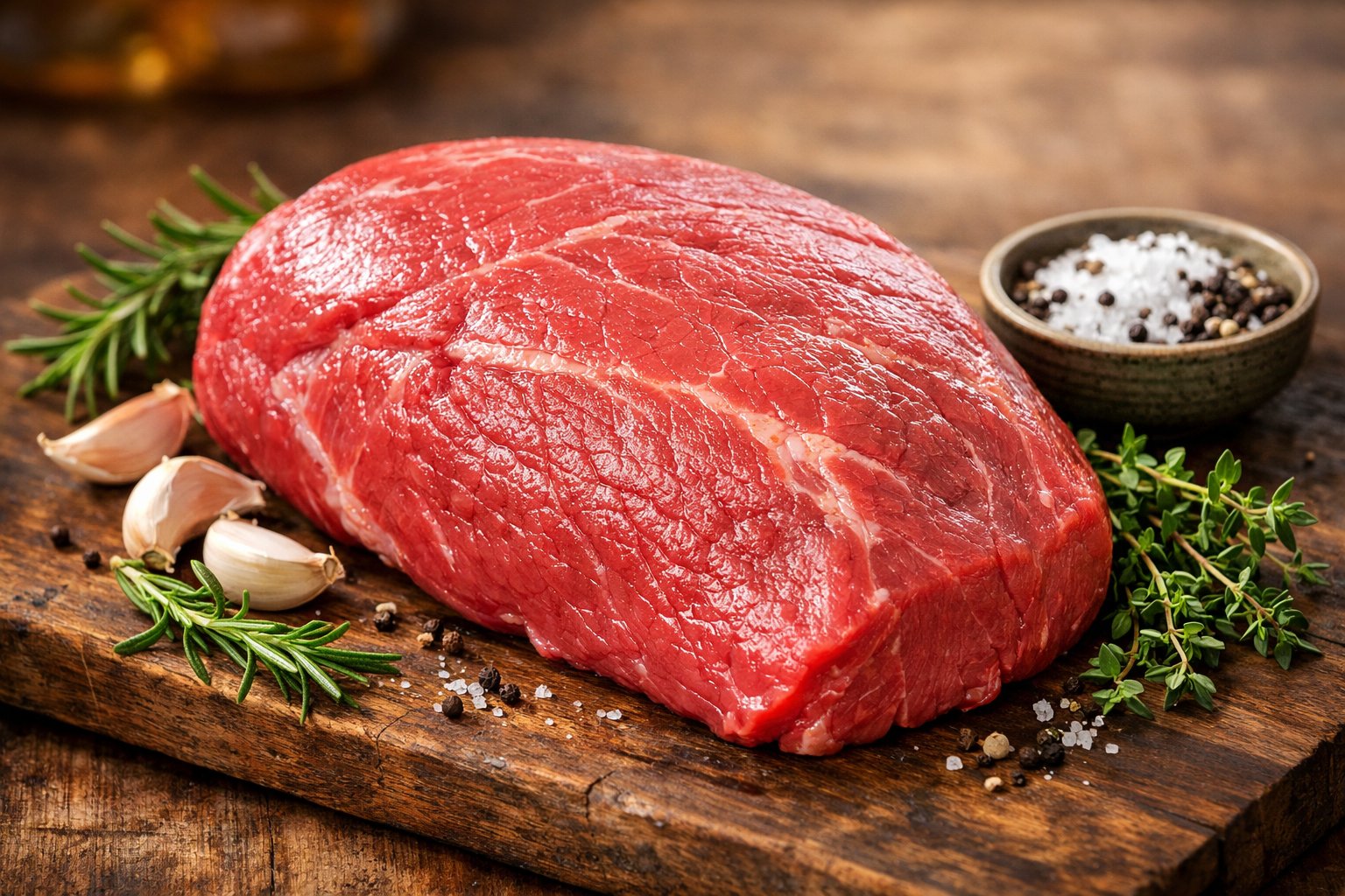 Pedaço fresco de carne coxão mole sobre tábua de madeira com ervas e temperos ao redor.