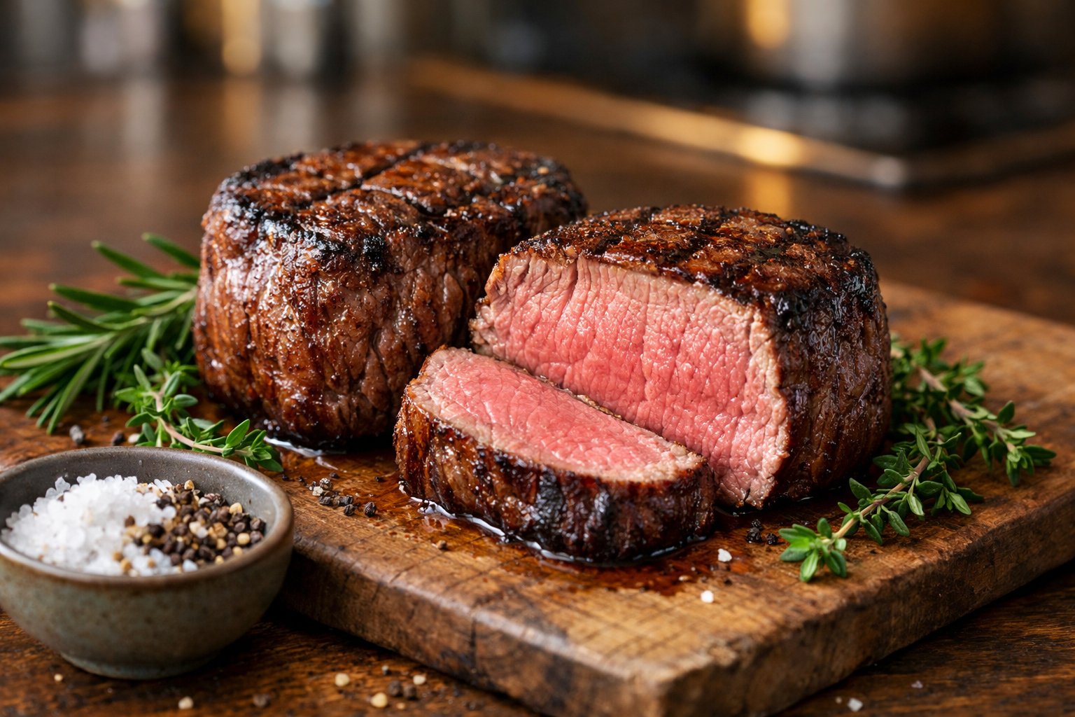 Filé mignon fatiado em uma tábua de madeira com ervas frescas ao redor, mostrando a carne suculenta e rosada no centro.
