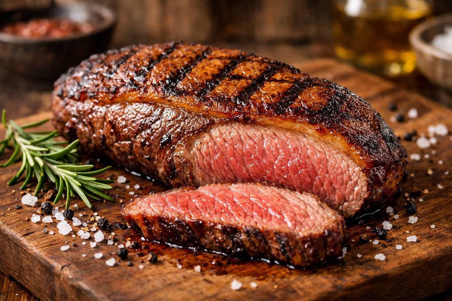 Um pedaço de picanha suculenta e bem grelhada sobre uma tábua de madeira, com temperos ao redor, em uma cozinha rústica.
