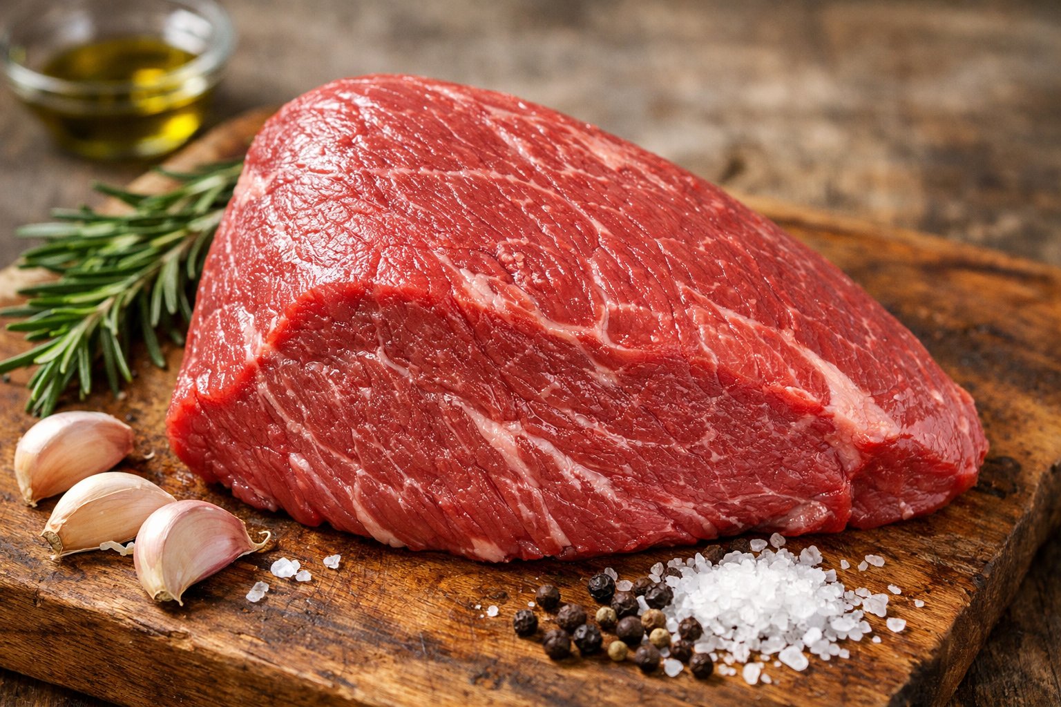 Corte de carne patinho cru para bife sobre tábua de madeira com temperos ao redor.