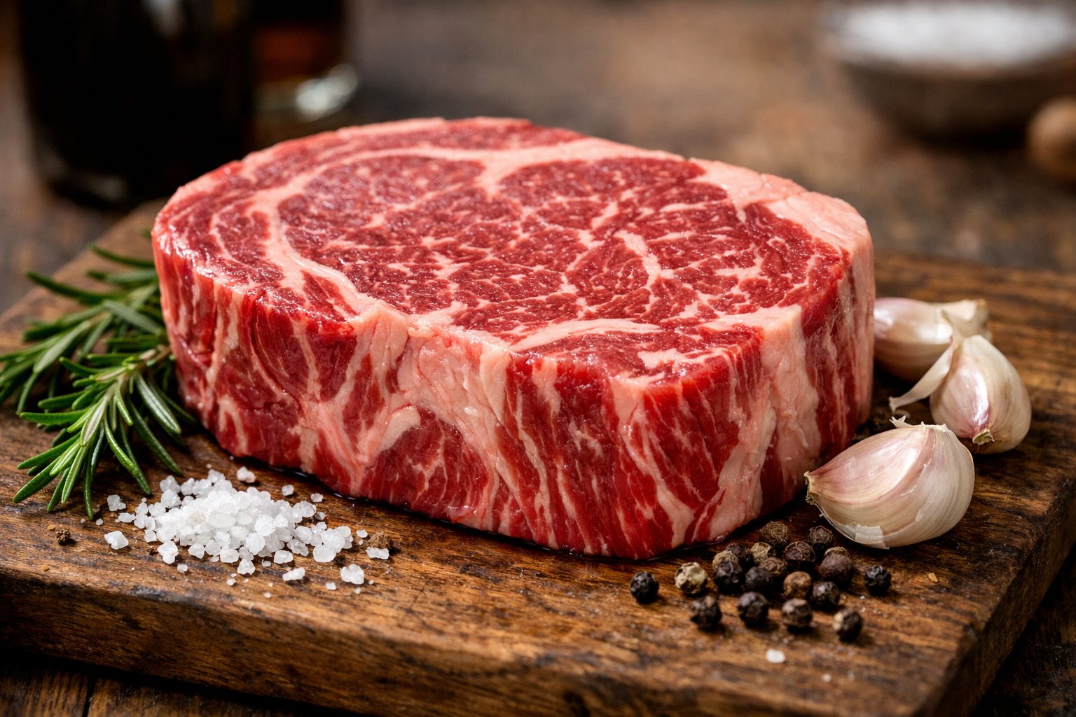 Close-up de um bife cru com marmoreio em uma tábua de madeira, cercado por alecrim, alho e temperos.