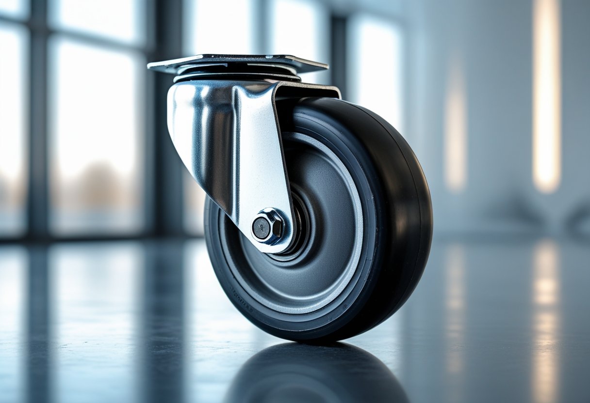 Close-up of a heavy-duty caster wheel mounted on a polished surface.