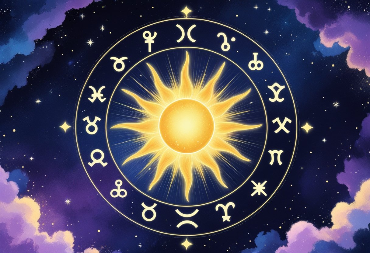 Ilustração do Sol brilhando no centro, cercado por símbolos astrológicos e um fundo estrelado.